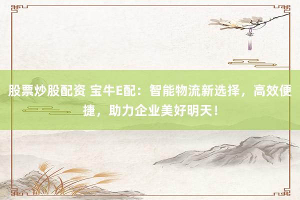 股票炒股配资 宝牛E配：智能物流新选择，高效便捷，助力企业美好明天！